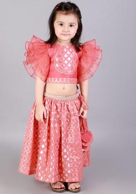 Corral Pink Embroidered Organza Lehngas For Girls