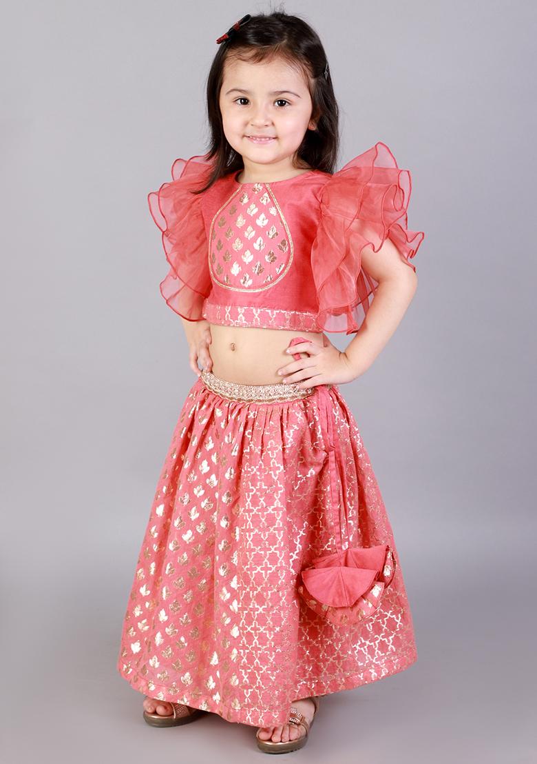Corral Pink Embroidered Organza Lehngas For Girls