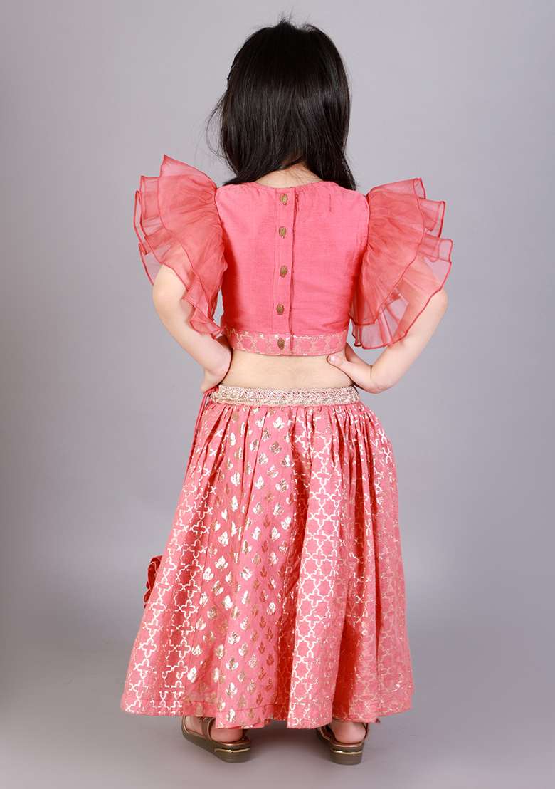 Corral Pink Embroidered Organza Lehngas For Girls - Indya