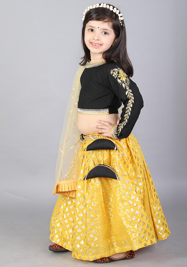 Black Embroidered Cotton Silk Lehngas For Girls