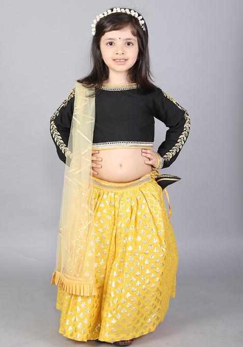 Black Embroidered Cotton Silk Lehngas For Girls
