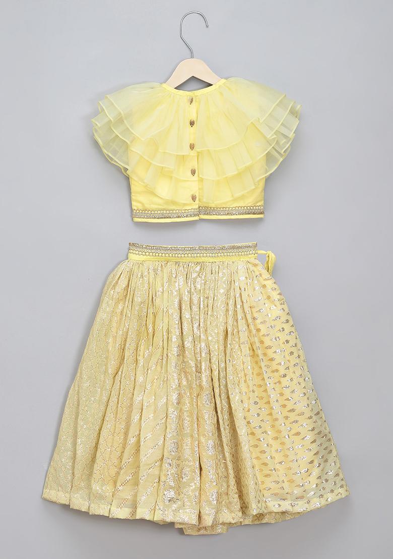 Lime Yellow Embroidered Organza Lehngas For Girls