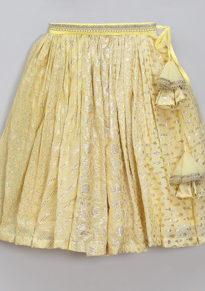 Lime Yellow Embroidered Organza Lehngas For Girls