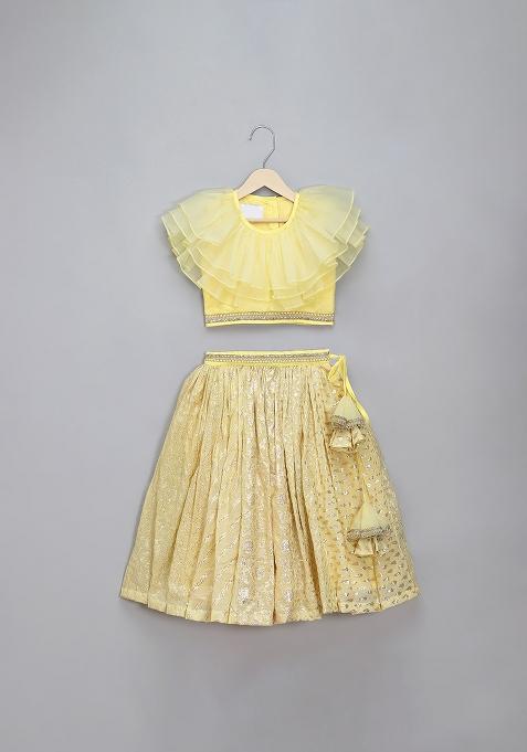 Lime Yellow Embroidered Organza Lehngas For Girls