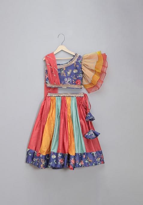 Purple Printed Organza Lehngas For Girls