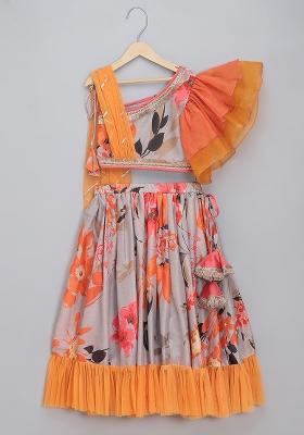 Grey Embroidered Organza Lehngas For Girls