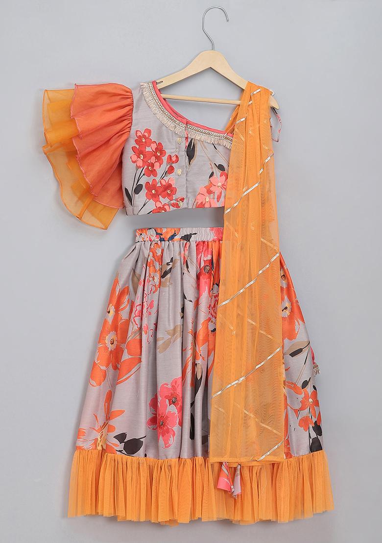 Grey Embroidered Organza Lehngas For Girls