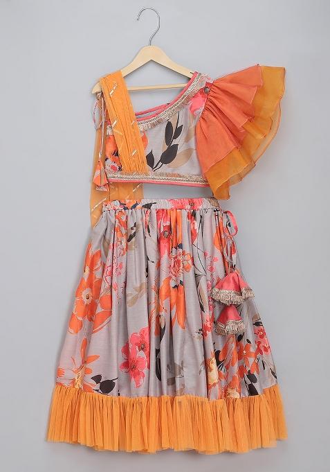 Grey Embroidered Organza Lehngas For Girls