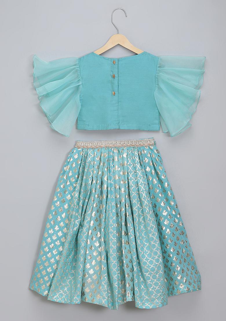 Blue Embroidered Organza Lehngas For Girls