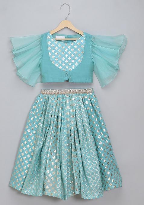 Blue Embroidered Organza Lehngas For Girls