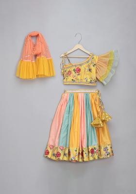 Yellow Peach Embroidered Organza Lehngas For Girls