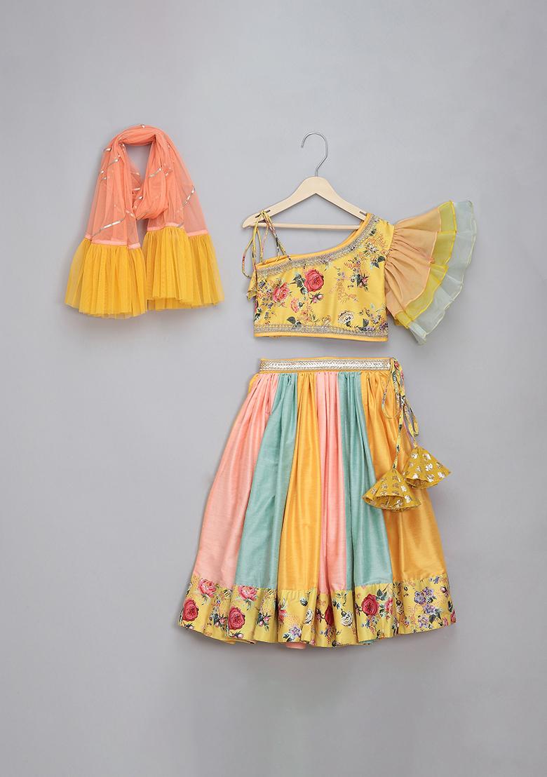 Yellow Peach Embroidered Organza Lehngas For Girls