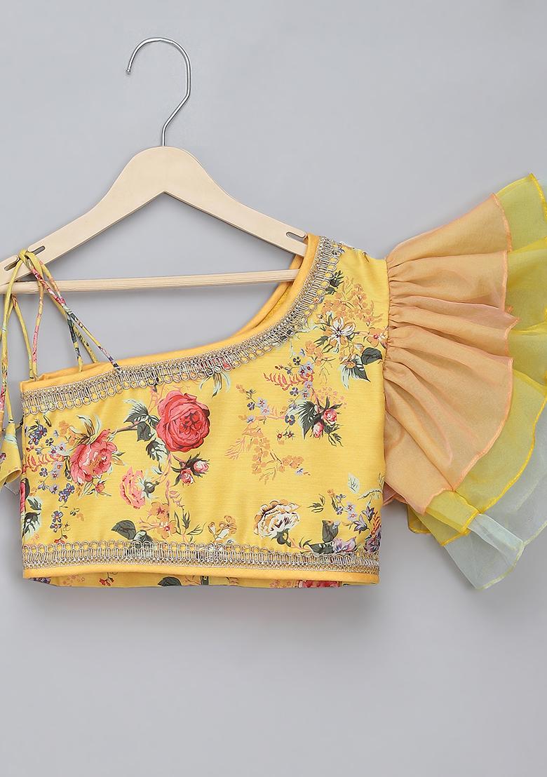 Yellow Peach Embroidered Organza Lehngas For Girls
