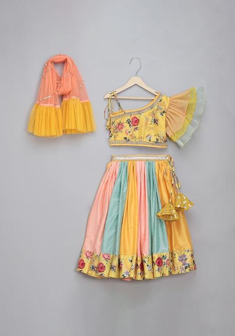Yellow Peach Embroidered Organza Lehngas For Girls