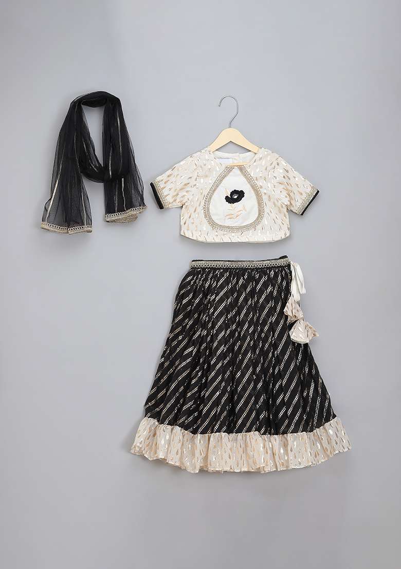 Off White Embroidered Cotton Lehngas For Girls - Indya