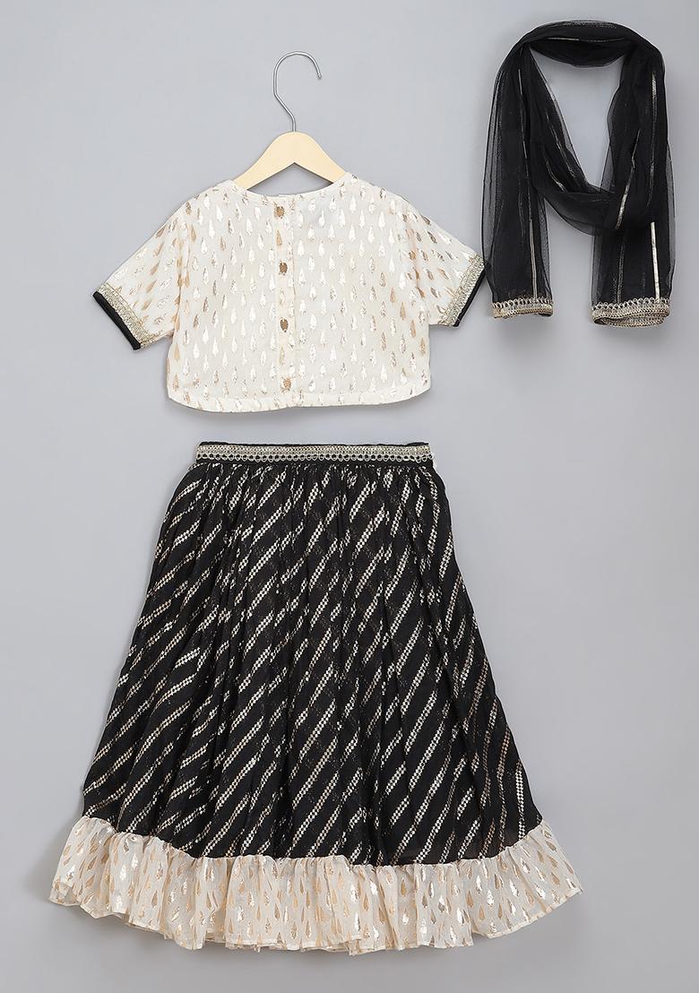 Off White Embroidered Cotton Lehngas For Girls