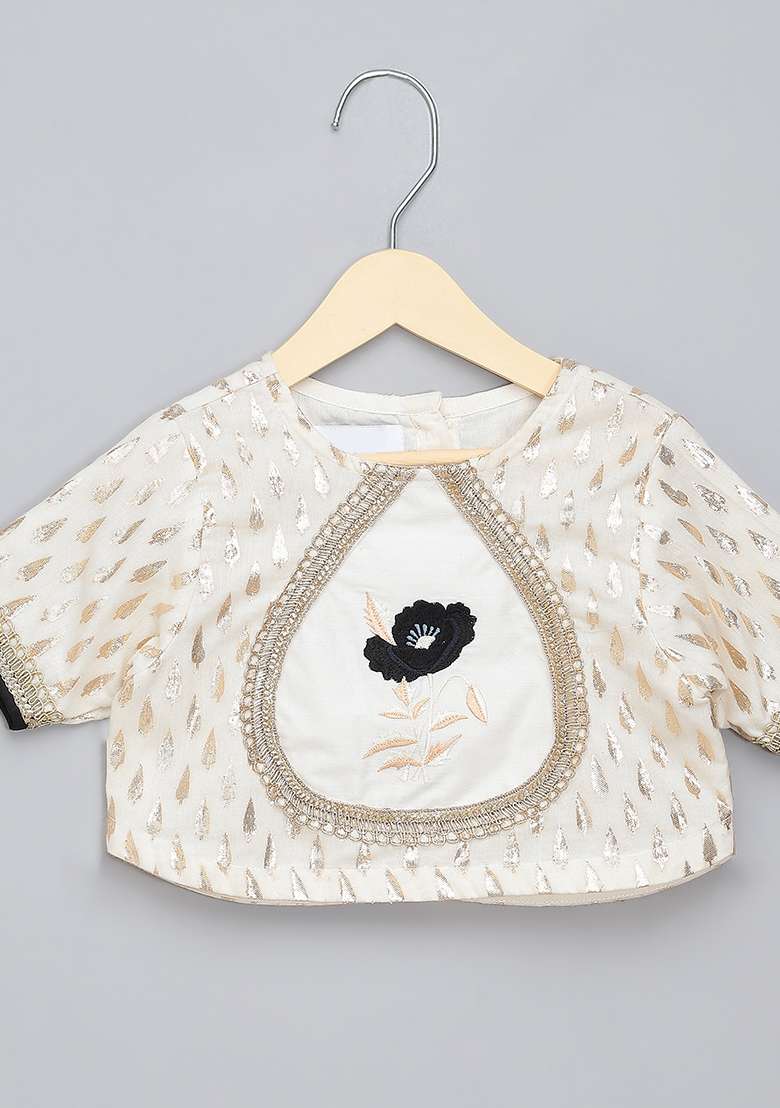 Off White Embroidered Cotton Lehngas For Girls - Indya