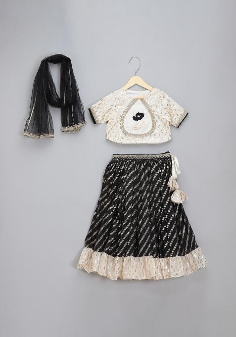 Off White Embroidered Cotton Lehngas For Girls