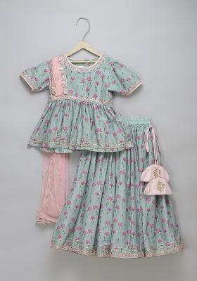 Green Printed Cotton Silk Lehngas For Girls