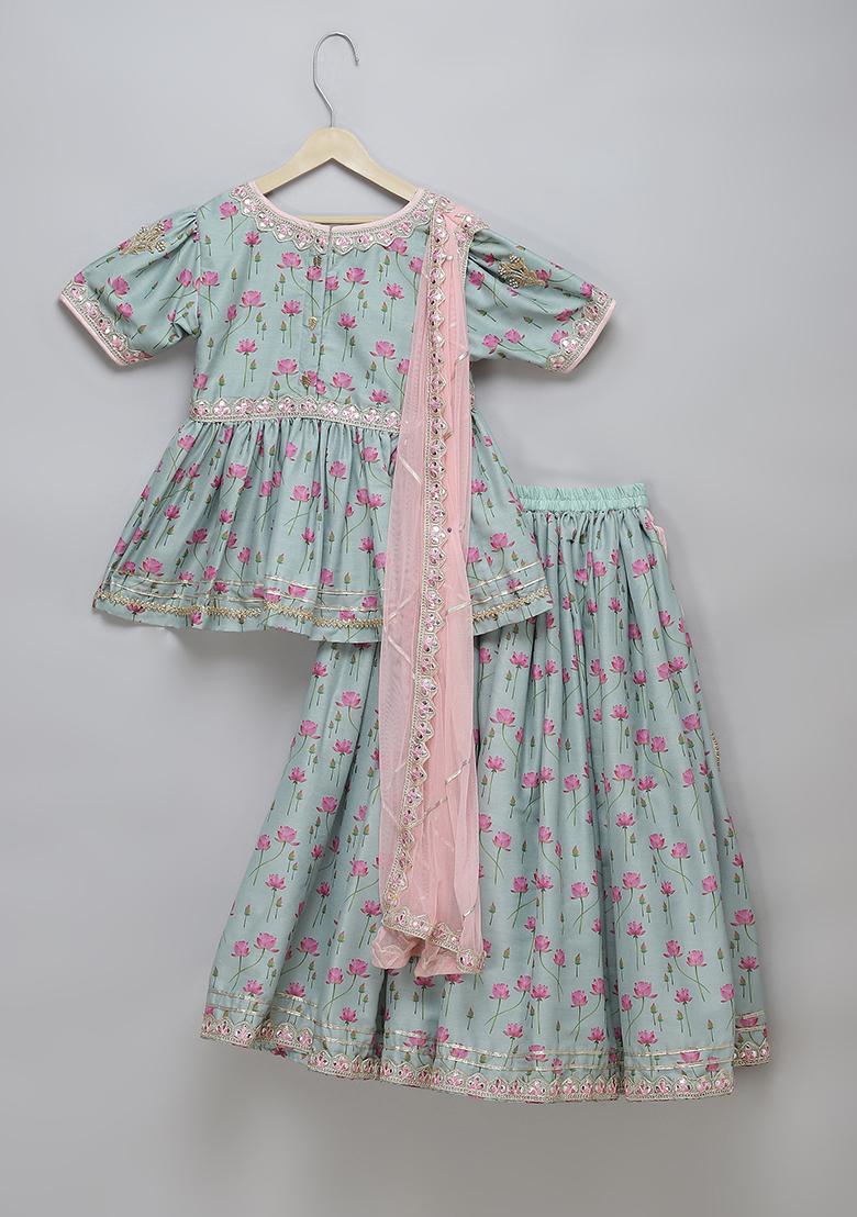 Green Printed Cotton Silk Lehngas For Girls