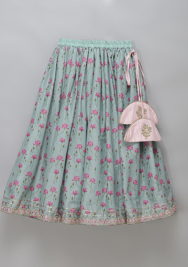 Green Printed Cotton Silk Lehngas For Girls