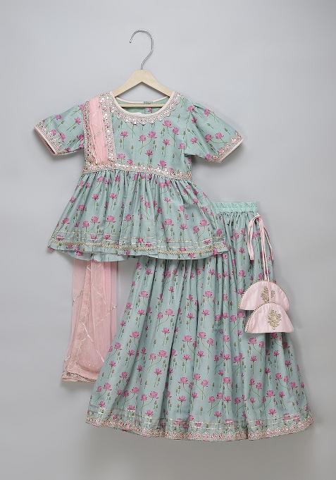 Green Printed Cotton Silk Lehngas For Girls