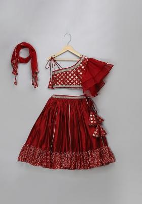 Maroon Embroidered Organza Lehngas For Girls