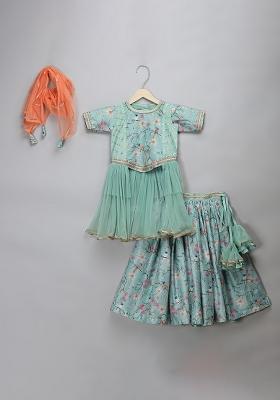 Green Embroidered Net Lehngas For Girls