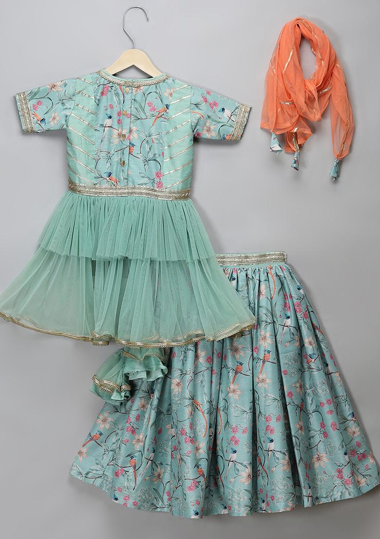 Green Embroidered Net Lehngas For Girls