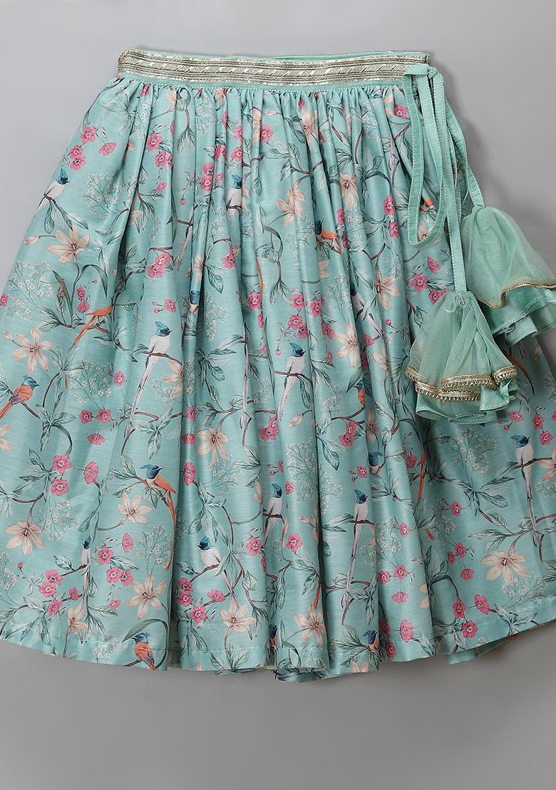 Green Embroidered Net Lehngas For Girls