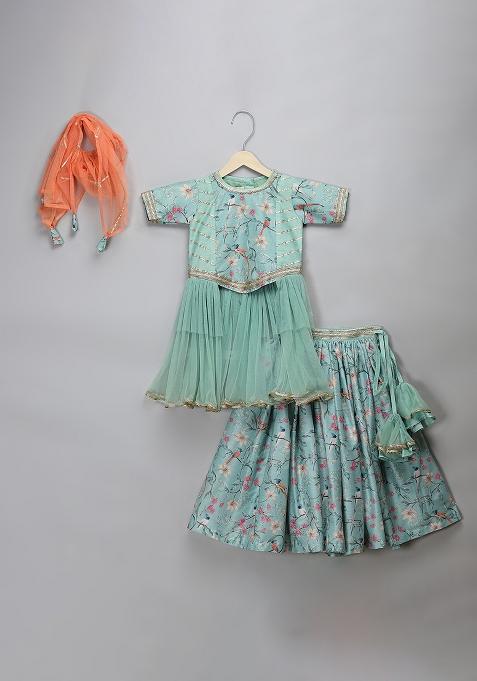 Green Embroidered Net Lehngas For Girls