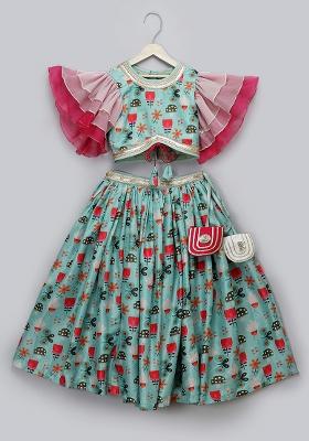 Green Embroidered Organza Lehngas For Girls