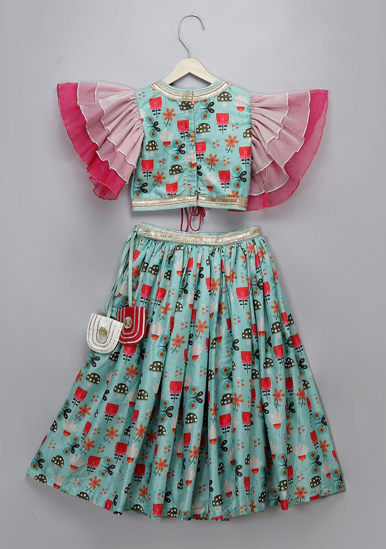 Green Embroidered Organza Lehngas For Girls