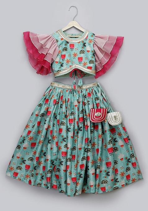 Green Embroidered Organza Lehngas For Girls