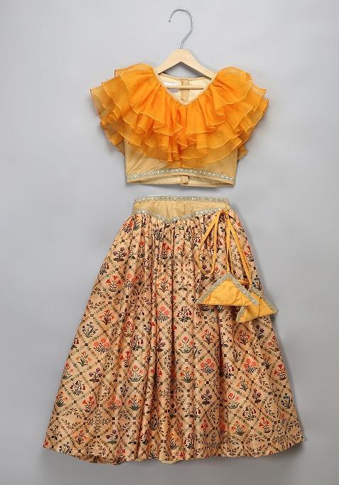 Orange Embroidered Organza Lehngas For Girls