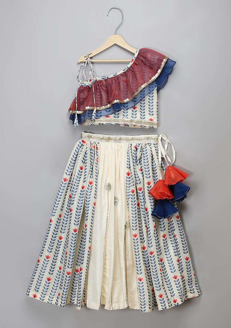 Off White Embroidered Organza Lehngas For Girls