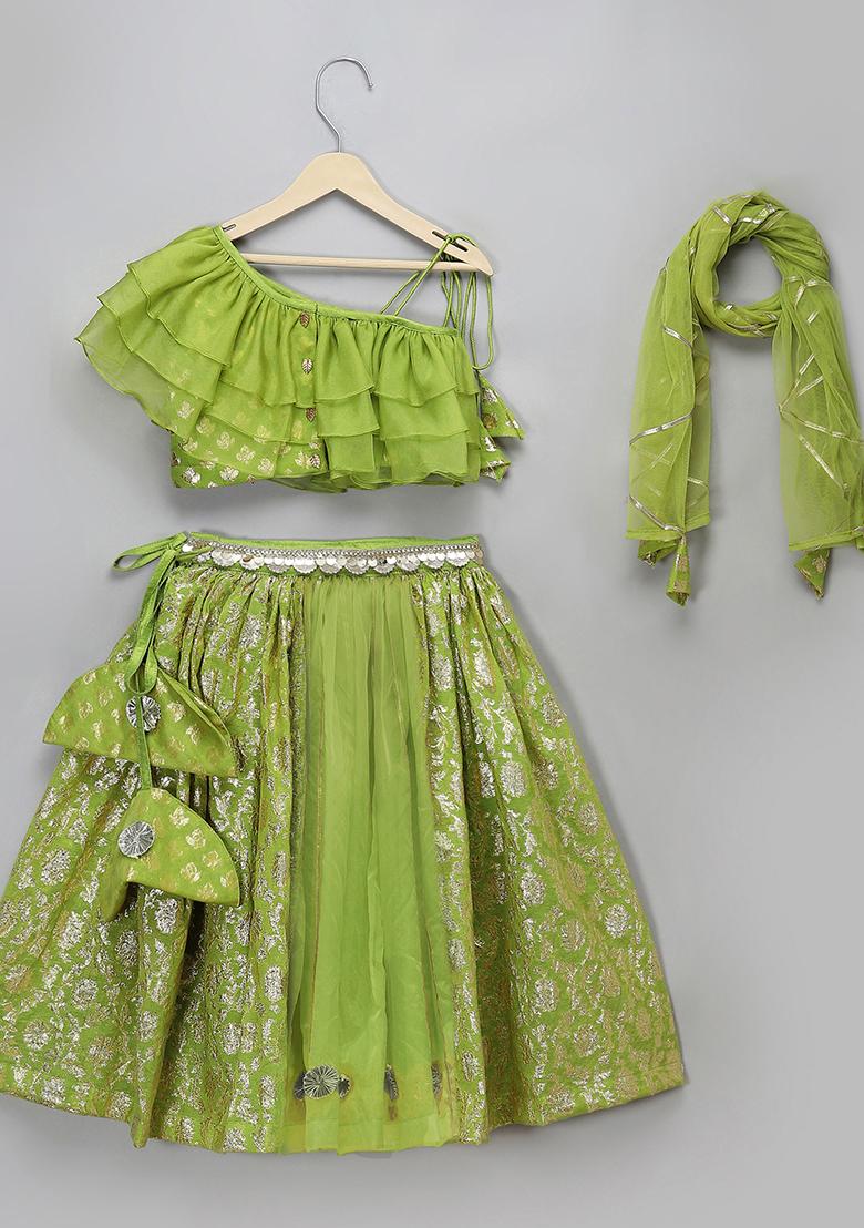 Green Embroidered Organza Lehngas For Girls