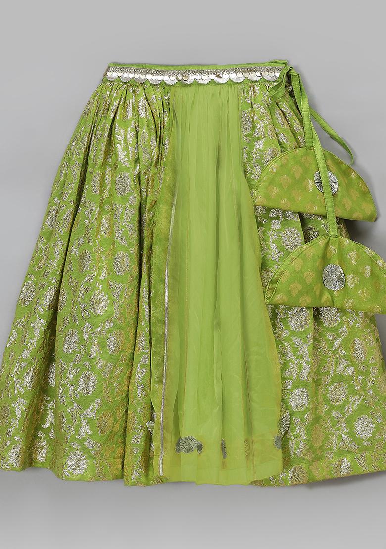 Green Embroidered Organza Lehngas For Girls