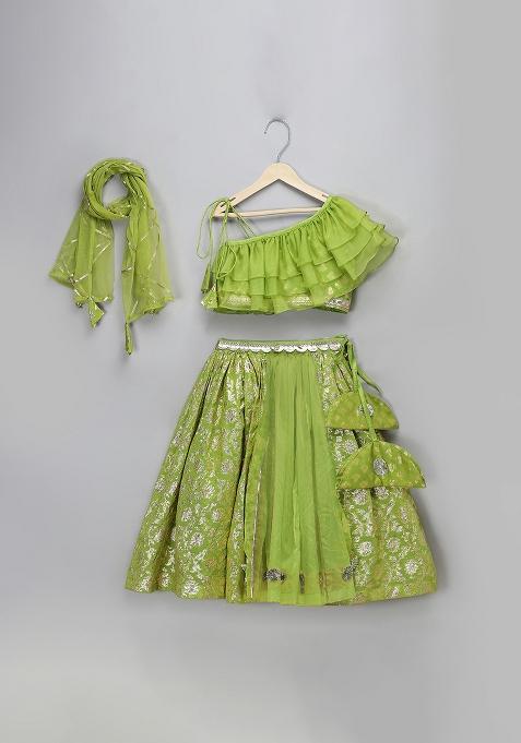 Green Embroidered Organza Lehngas For Girls