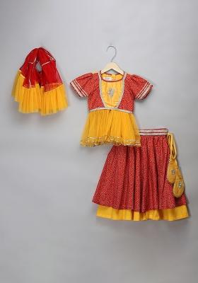 Orange Embroidered Net Lehngas For Girls