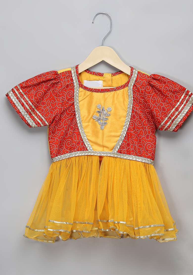 Orange Embroidered Net Lehngas For Girls - Indya
