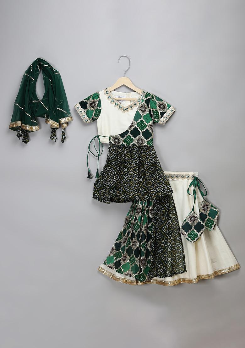 Green Embroidered Net Lehngas For Girls