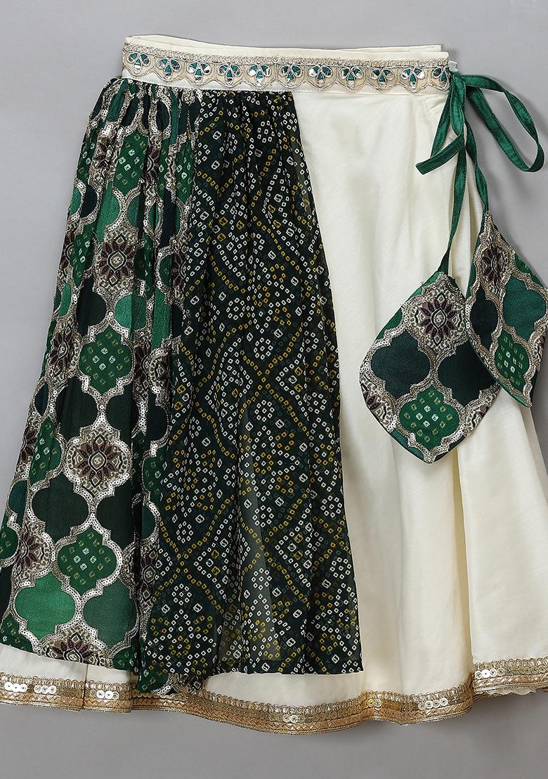 Green Embroidered Net Lehngas For Girls