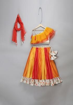 Orange Embroidered Organza Lehngas For Girls