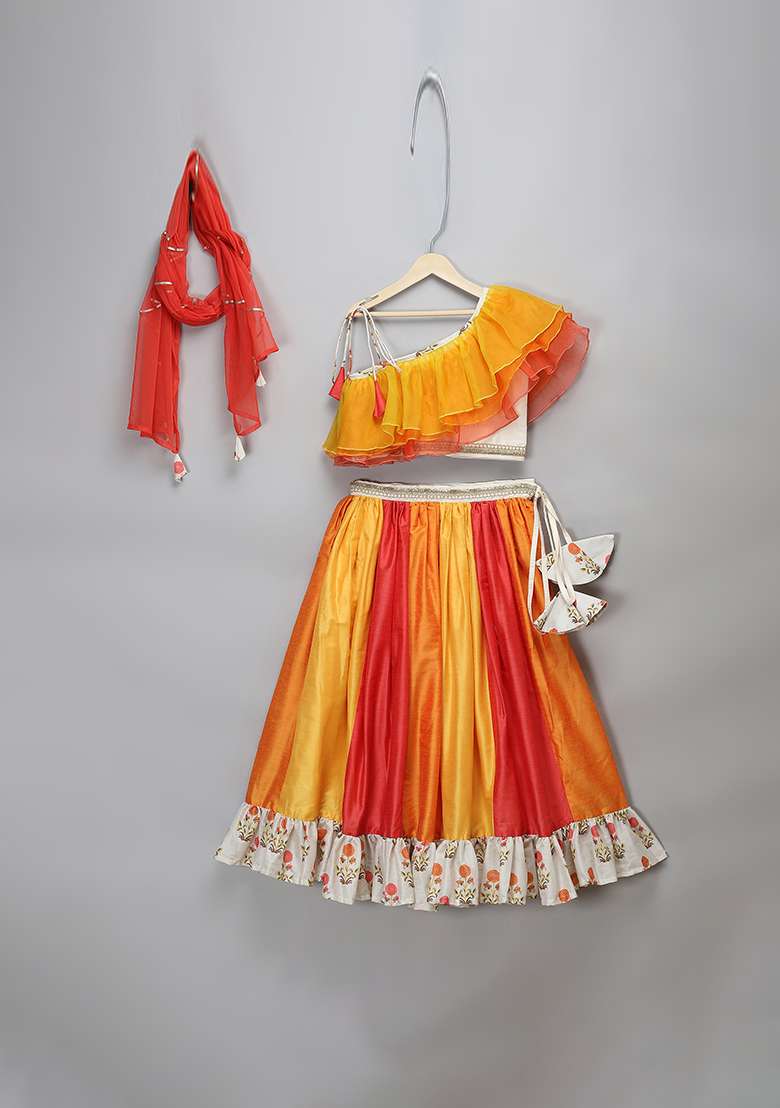 Orange Embroidered Organza Lehngas For Girls - Indya