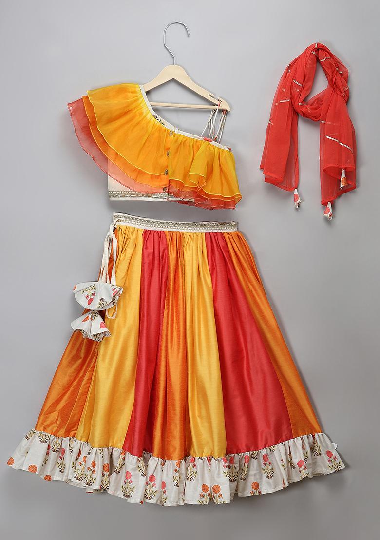 Orange Embroidered Organza Lehngas For Girls