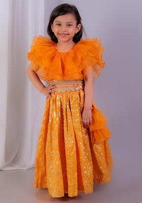 Orange Embroidered Organza Lehngas For Girls
