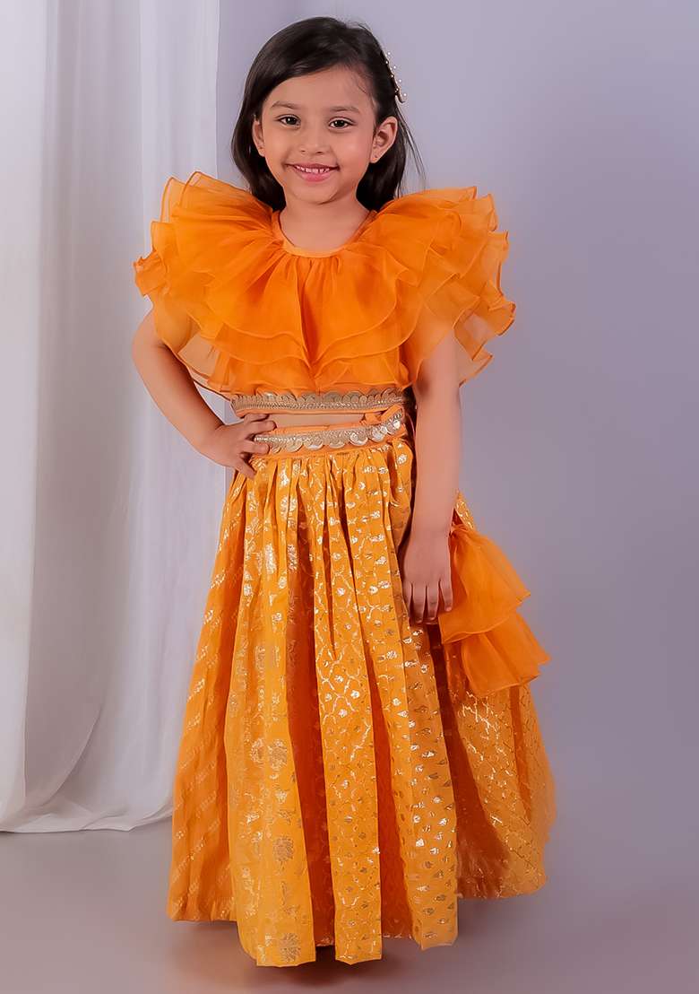 Orange Embroidered Organza Lehngas For Girls - Indya