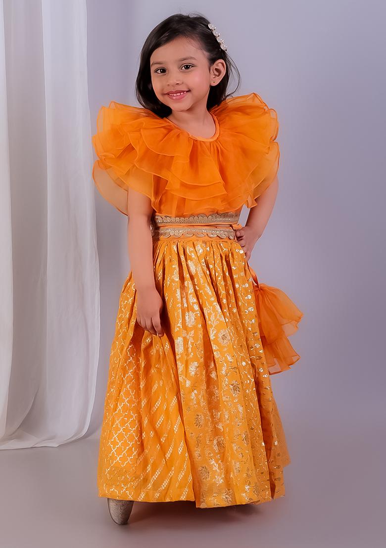 Orange Embroidered Organza Lehngas For Girls