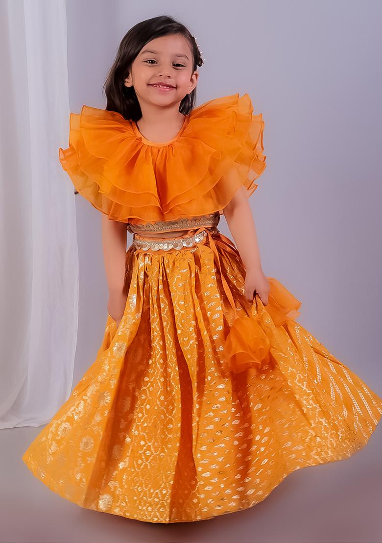 Orange Embroidered Organza Lehngas For Girls